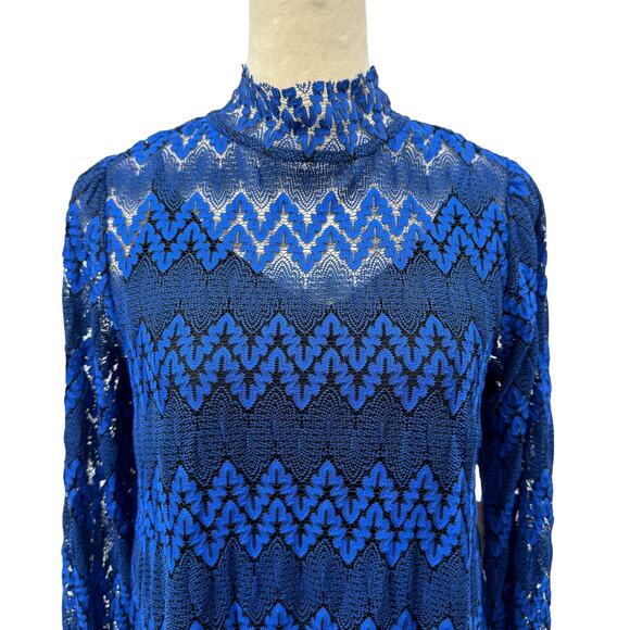 Free People NWT Simone Blue & Black Lace Long Flounce Sleeve Mini Dress - Picture 11 of 16